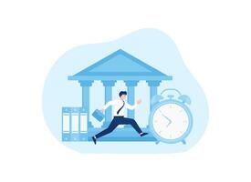 illustration of a man running from the bank with a clock concept flat illustration vector