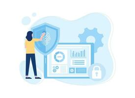 A woman unlocks locked data with a fingerprint concept flat illustration vector