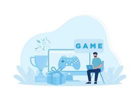 a man sitting on a chair in front of a computer with a game sign concept flat illustration vector