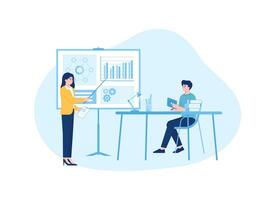 Two people sitting with laptop and presentation screen concept flat illustration vector