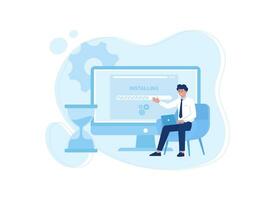 illustration of a man sitting at a computer with a laptop in his lap concept flat illustration vector