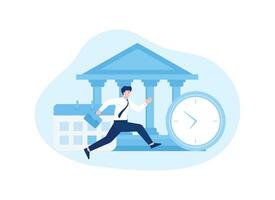 illustration of a man running from the bank with a clock and calendar concept flat illustration vector