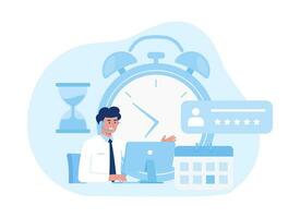 A man sitting at a desk with a laptop and a clock concept flat illustration vector