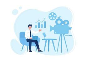 A man sits on a chair with a mic and a camera concept flat illustration vector