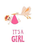 Girl baby shower card with baby and stork vector