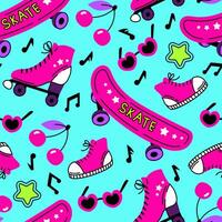 Bright 90s seamless pattern with skateboard vector