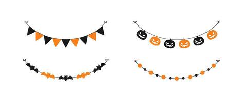 Cute Halloween Garland Bunting Set with Jack O Lantern, Pumpkins and Bats. Simple banner hanging party classy decor vector element.