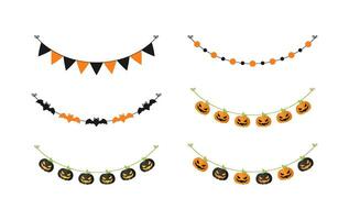 Cute Halloween Garland Bunting Set with Jack O Lantern, Pumpkins and Bats. Simple banner hanging party classy decor vector element.