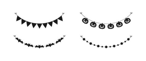 Cute Halloween Garland Bunting Silhouette Set with Jack O Lantern, Pumpkins and Bats. Simple banner hanging party classy decor vector element.