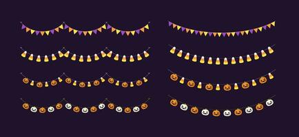 Cute Halloween Bunting Garland Set with Jack O Lantern, Pumpkin and Candy Corn. Simple trick or treat banner hanging party decor vector element.