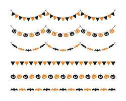 Separator Border illustration line set of cute jack o lanterns, bats, flag bunting, trick or treat icon pattern for Halloween day vector