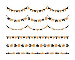 Separator Border illustration line set of cute jack o lanterns, bats, flag bunting, trick or treat icon pattern for Halloween day vector