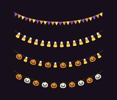 Cute Halloween Bunting Garland Set with Jack O Lantern, Pumpkin and Candy Corn. Simple trick or treat banner hanging party decor vector element.