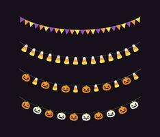 Cute Halloween Bunting Garland Set with Jack O Lantern, Pumpkin and Candy Corn. Simple trick or treat banner hanging party decor vector element.