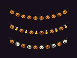 Cute Jack O Lantern Pumpkin and Candy Corn Garland Set for Halloween. Simple trick or treat banner hanging party decor vector element.