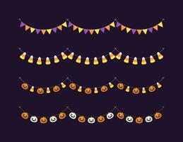 Cute Halloween Bunting Garland Set with Jack O Lantern, Pumpkin and Candy Corn. Simple trick or treat banner hanging party decor vector element.