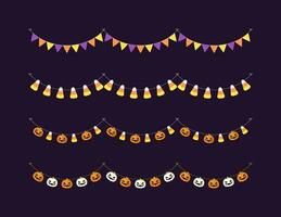 Cute Halloween Bunting Garland Set with Jack O Lantern, Pumpkin and Candy Corn. Simple trick or treat banner hanging party decor vector element.