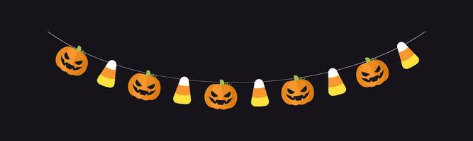 Cute Jack O Lantern Evil Pumpkin and Candy Corn Garland for Halloween. Simple trick or treat banner hanging party decor vector element.