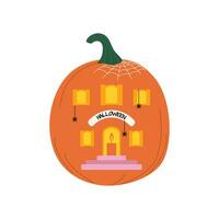 Halloween pumpkins, autumn holiday. Pumpkin house with cut out windows, door and candle. vector