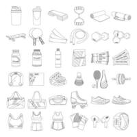 Shaker, dumbbells, protein, bag, rollers, sportswear. Various Sport equipment. Fitness inventory. Line art. vector