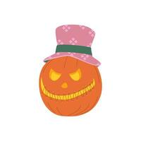 Víspera de Todos los Santos calabazas, otoño día festivo. un calabaza con un tallado sonrisa y un sombrero. vector