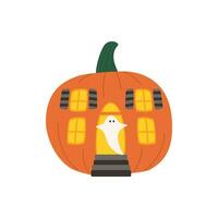 Halloween pumpkins, autumn holiday. Pumpkin house with cut out windows, doors and ghost. vector