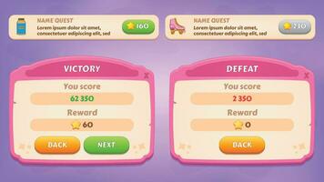 Victory and defeat. GUI Kit casual assets for a game mobile, a set of user interface elements and pop-ups for the game interface. vector