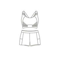 Sports top, shorts, sportswear. Various Sport equipment. Fitness inventory, gym accessories. Line art. vector