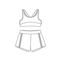 Sports top, shorts, sportswear. Various Sport equipment. Fitness inventory, gym accessories. Line art. vector