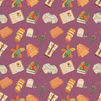 Pattern with umbrella, scarf, boots, raincoat, leaves. Hello autumn. Elements on the autumn theme. vector