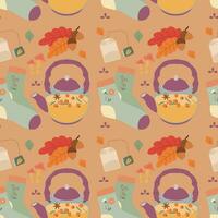 Pattern with acorn, sock, leaves, tea. Hello autumn. Elements on the autumn theme. vector