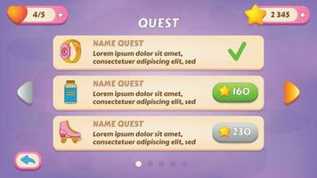 Quest. GUI Kit casual assets for a game mobile, a set of user interface elements for the game interface. vector