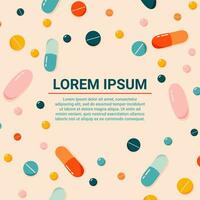 Colorful pills banner background. Trendy hand drawn medicaments on a beige background. Healthcare concept. Banner, card, poster, social media template. Modern vector illustration.