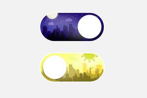 Night and Day Switch Button Concept. Daylight or evening cityscape skyline. Urban Dark or Light Mode town silhouette with sun and moon. Day and Night indicator button switch theme. AM or PM. Vector. vector