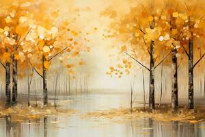 Abstract painting of autumn leaves falling in a mystical forest photo