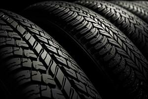 Abstract background of stacked car tires with various tread patterns photo