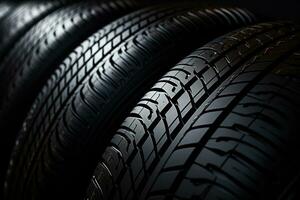 Abstract background of stacked car tires with various tread patterns photo