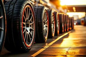 Racing tires lined up in a pit stop ready for a high-speed tire change photo