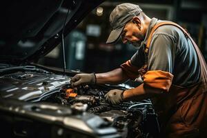 Car mechanic's hands working on electric battery repair and maintenance photo