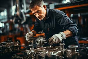 Auto mechanic examining car suspension in a repair service center photo