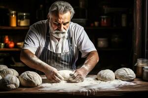 hombre preparando un pan masa en un de madera mesa foto