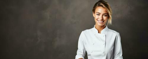 Portrait of a female chef with a dish on a light grey background photo