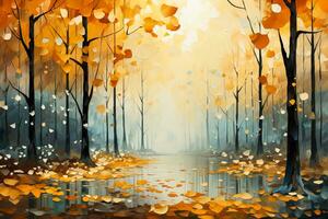 Abstract painting of autumn leaves falling in a mystical forest photo