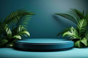 3D realistic render of a blue podium with a spotlight and plants for organic product presentation photo