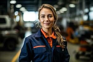 profesional hembra mecánico en un auto reparar tienda foto