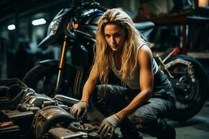confidente hembra mecánico fijación un motocicleta en un especializado reparar tienda foto