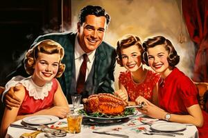 Vintage drawing of a 1950s family gathered around the dinner table for Thanksgiving photo