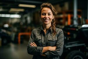 retrato de un confidente hembra mecánico con brazos cruzado en un auto reparar tienda foto