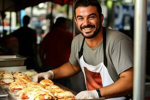 Street food vendor making sandwiches with a smile photo