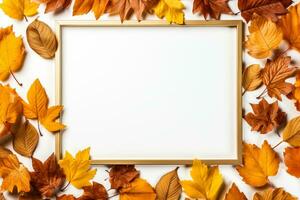 Top view of a frame made of golden autumn leaves on a white background with copy space photo